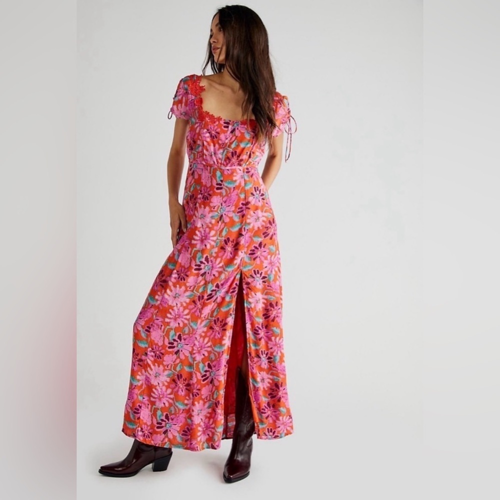 Free People Floral Midi Dress Pink Orange Lace Trim Small